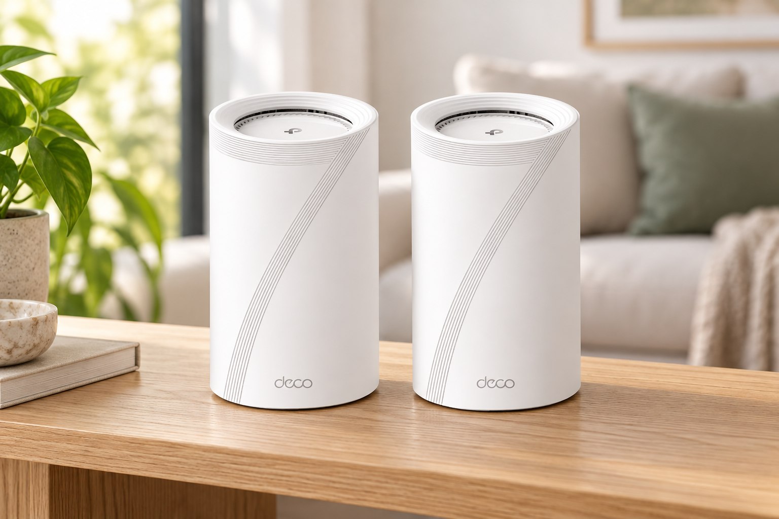 TP-Link Deco BE85 mesh system in a styled setting