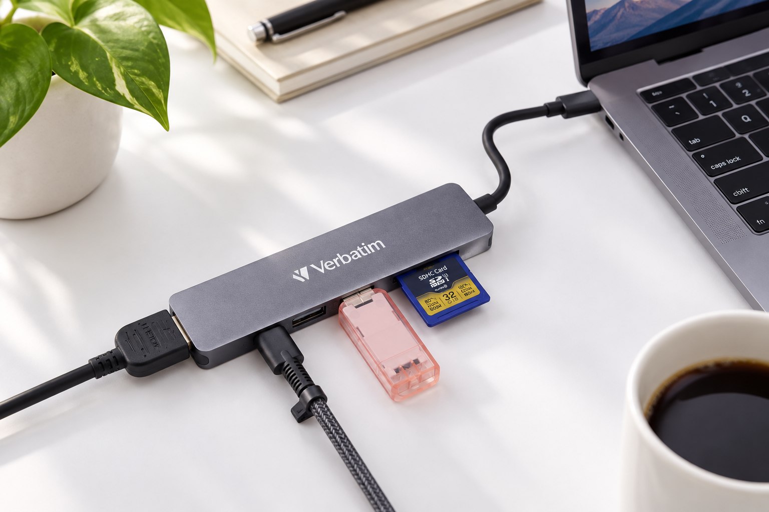 Styled scene of Verbatim USB-C Essentials multiport hub, model 32156