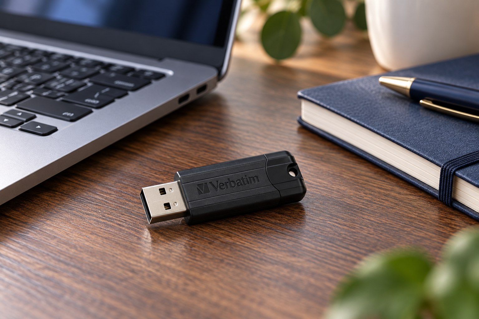 Verbatim PinStripe USB drive in a styled setting