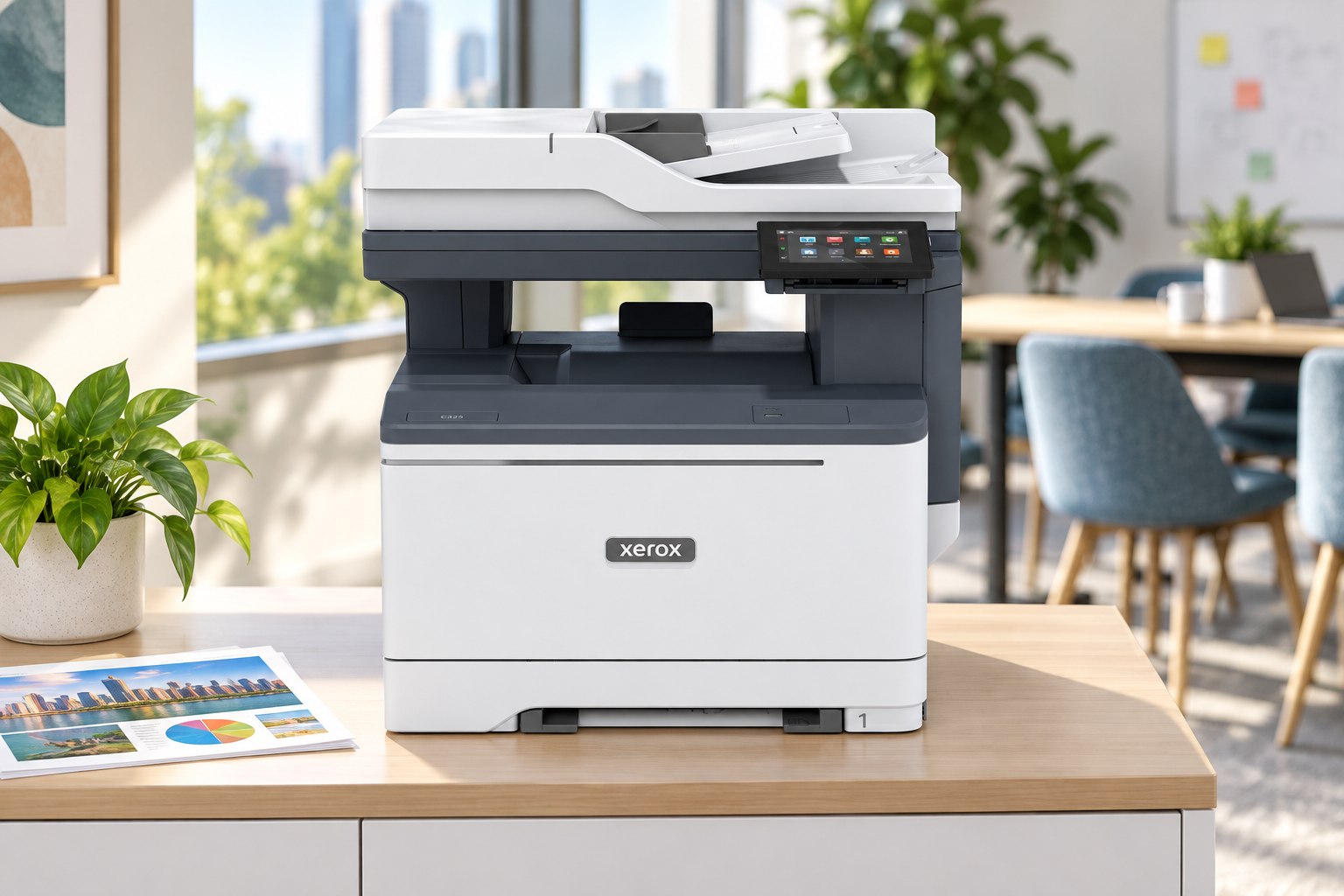 Styled scene of Xerox C325 colour multifunction printer, model C325/DNI