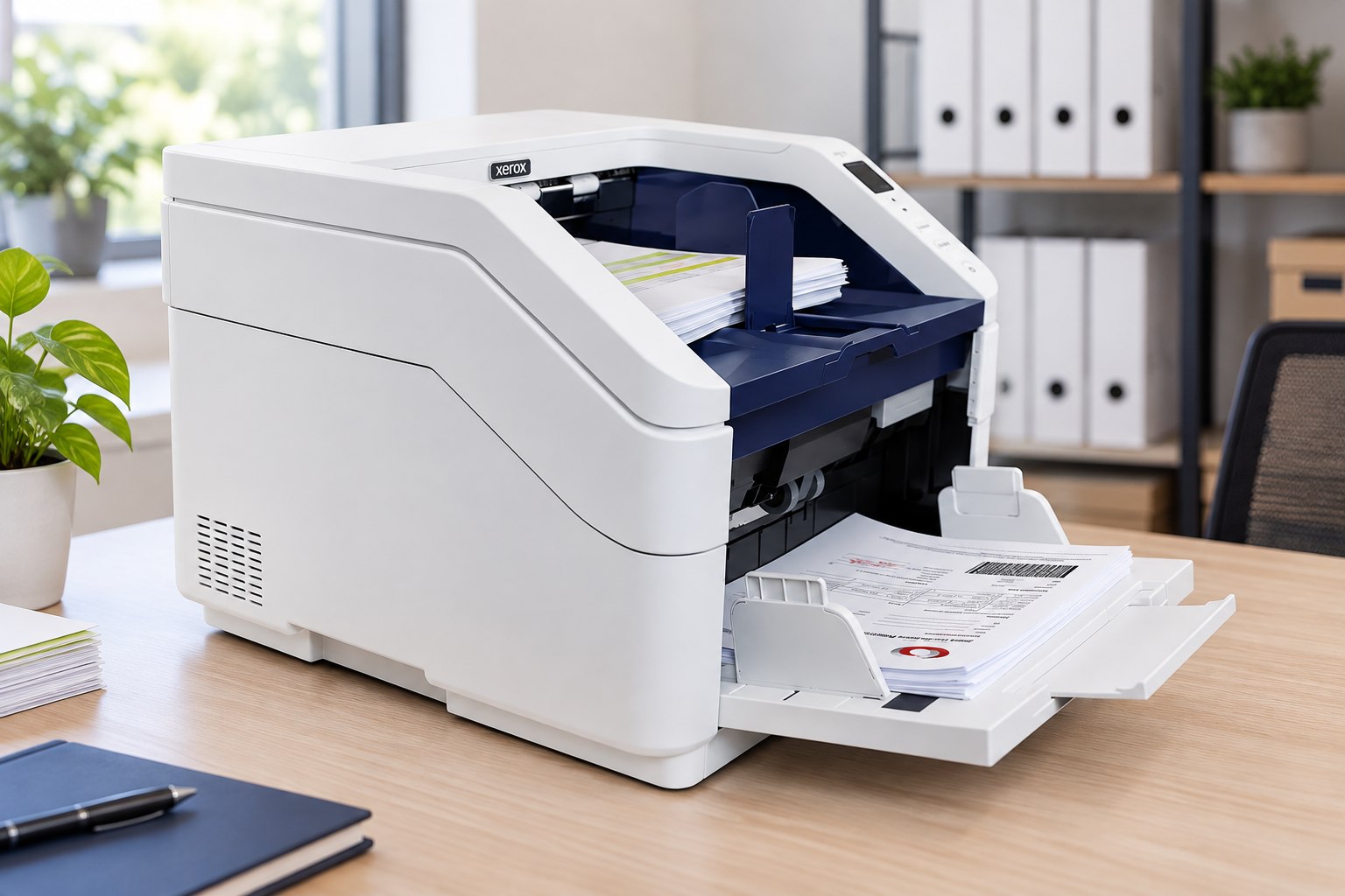 Styled scene of Xerox W130 document scanner, model 100N03611