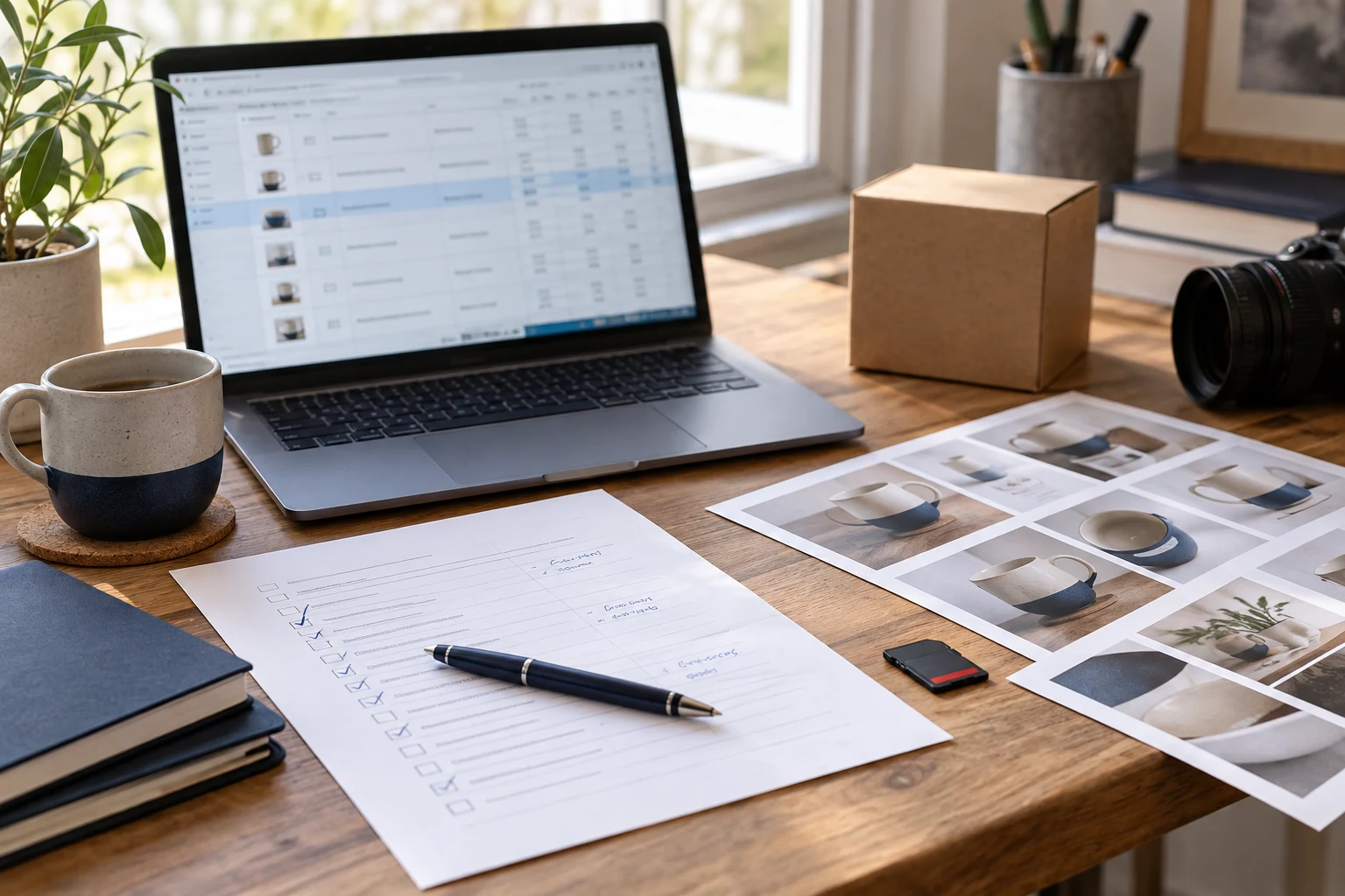 Illustrative editorial photograph of a product listing spreadsheet, printed review checklist and product photo contact sheets on a retail back-office desk