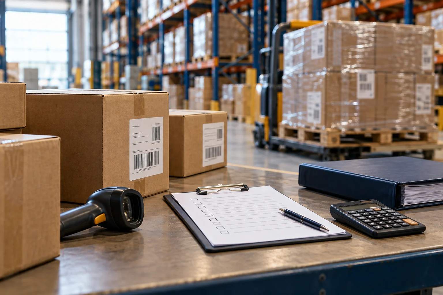 Illustrative editorial photograph of shipping labels, a barcode scanner and routing checklist on a warehouse inspection table