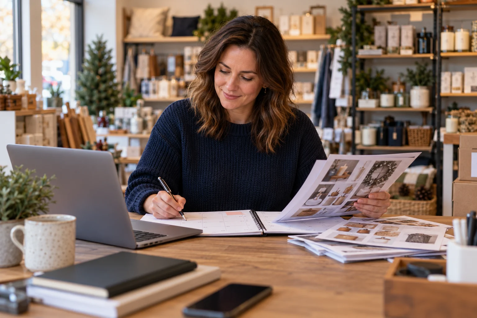 Illustrative editorial photograph of an independent retailer planning seasonal promotions with a laptop, calendar and supplier sell sheets