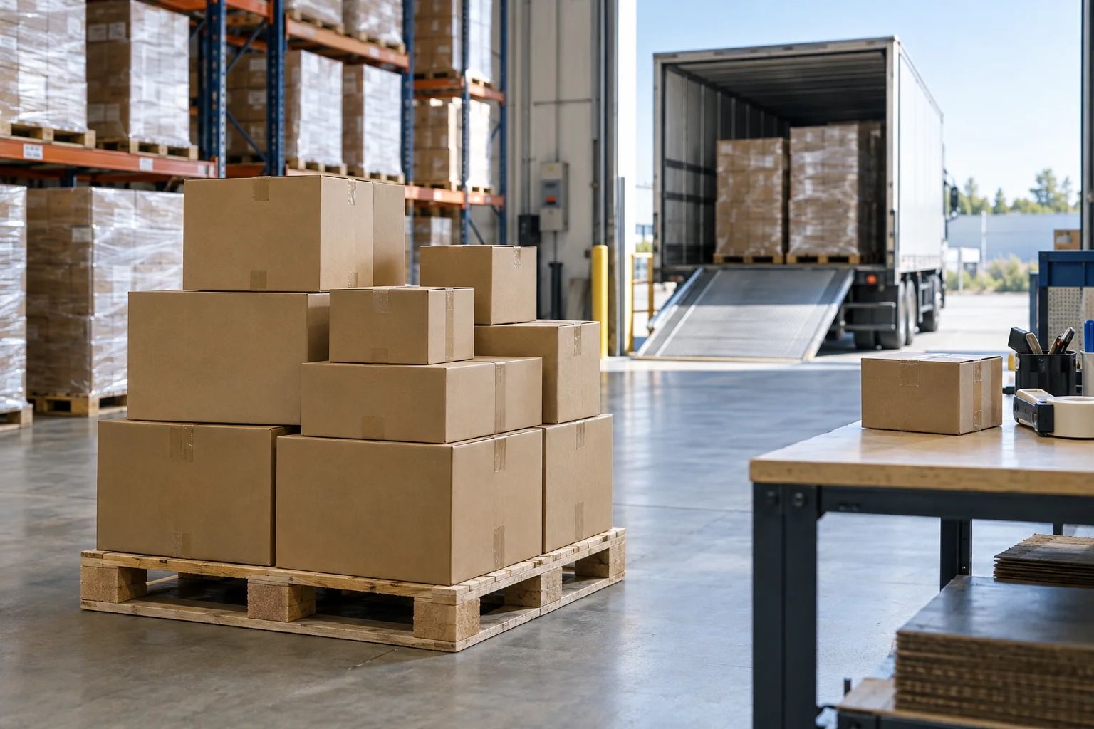 A mixed pallet of cartons beside a single small order in a commercial distribution warehouse