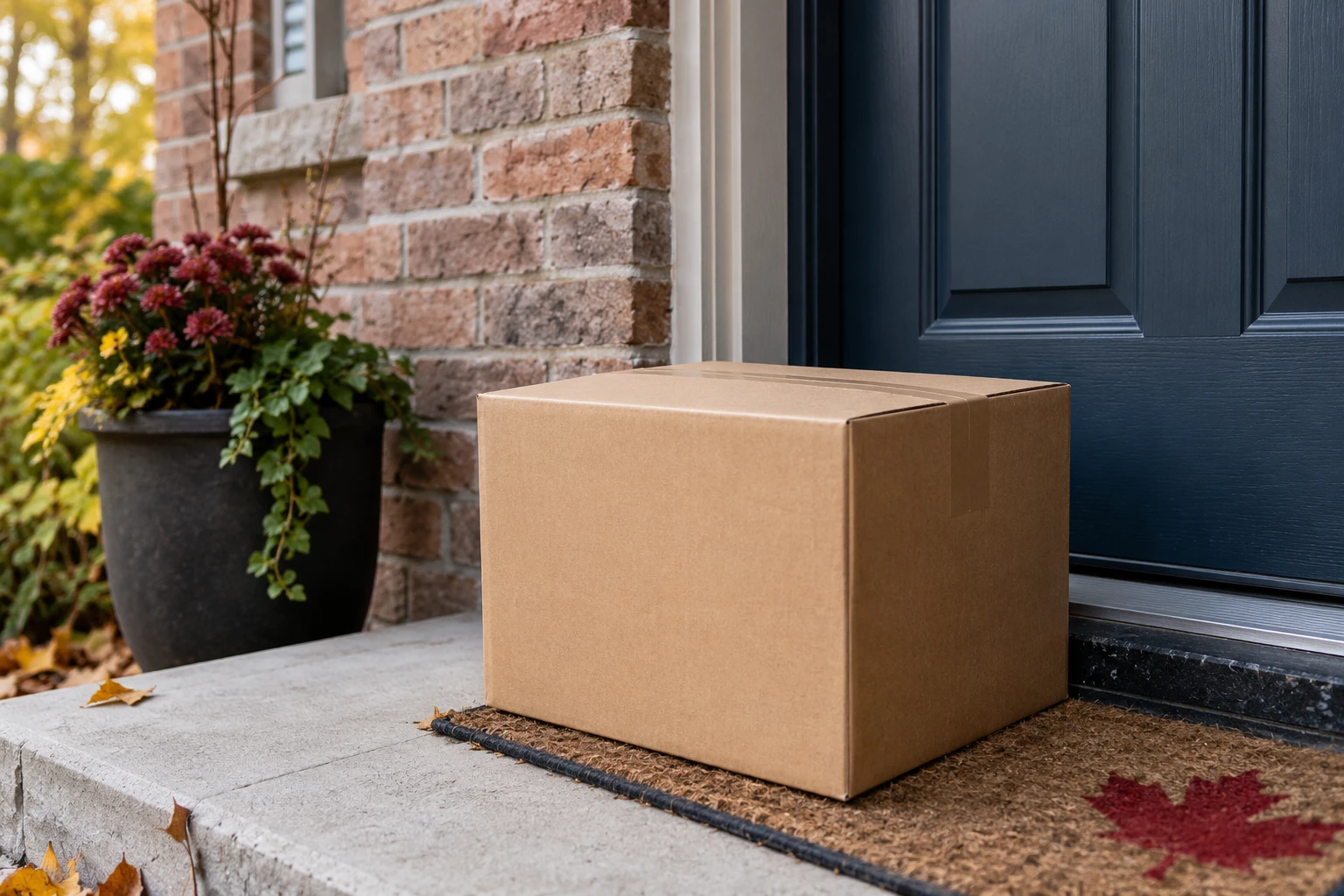 A sealed delivery package on a sheltered residential doorstep
