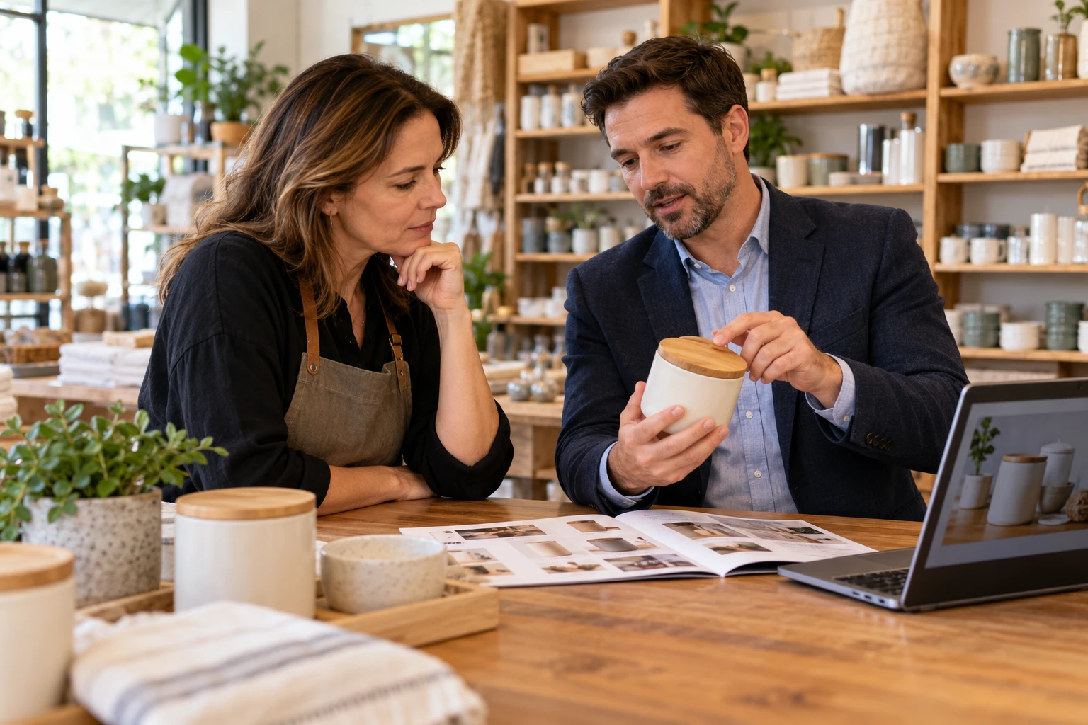 Illustrative editorial photograph of an independent store owner and sales representative reviewing a product demonstration and sell sheet