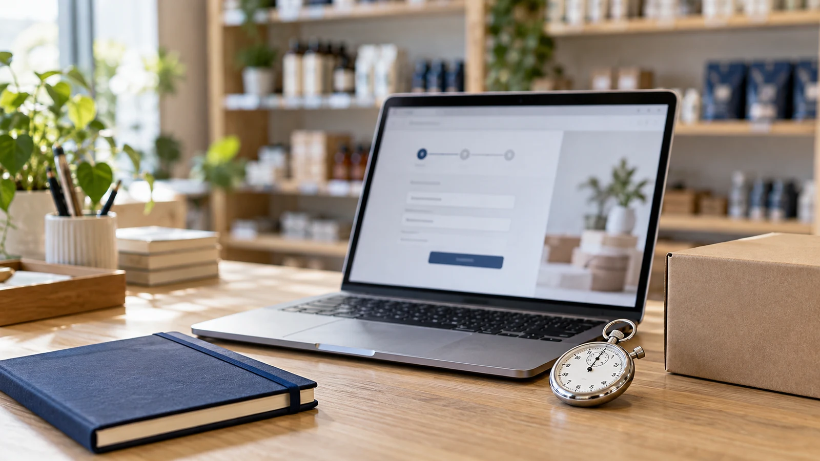 Illustrative editorial photograph of a laptop, stopwatch, navy notebook and plain sample carton on a retailer's back-office desk