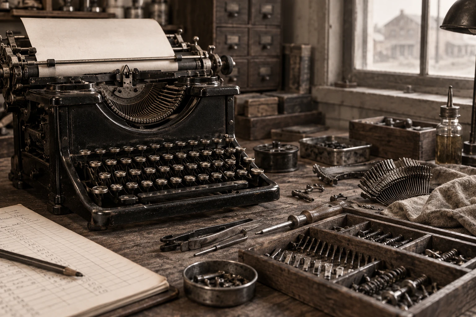 Period-inspired illustration of a 1930s typewriter repair workbench