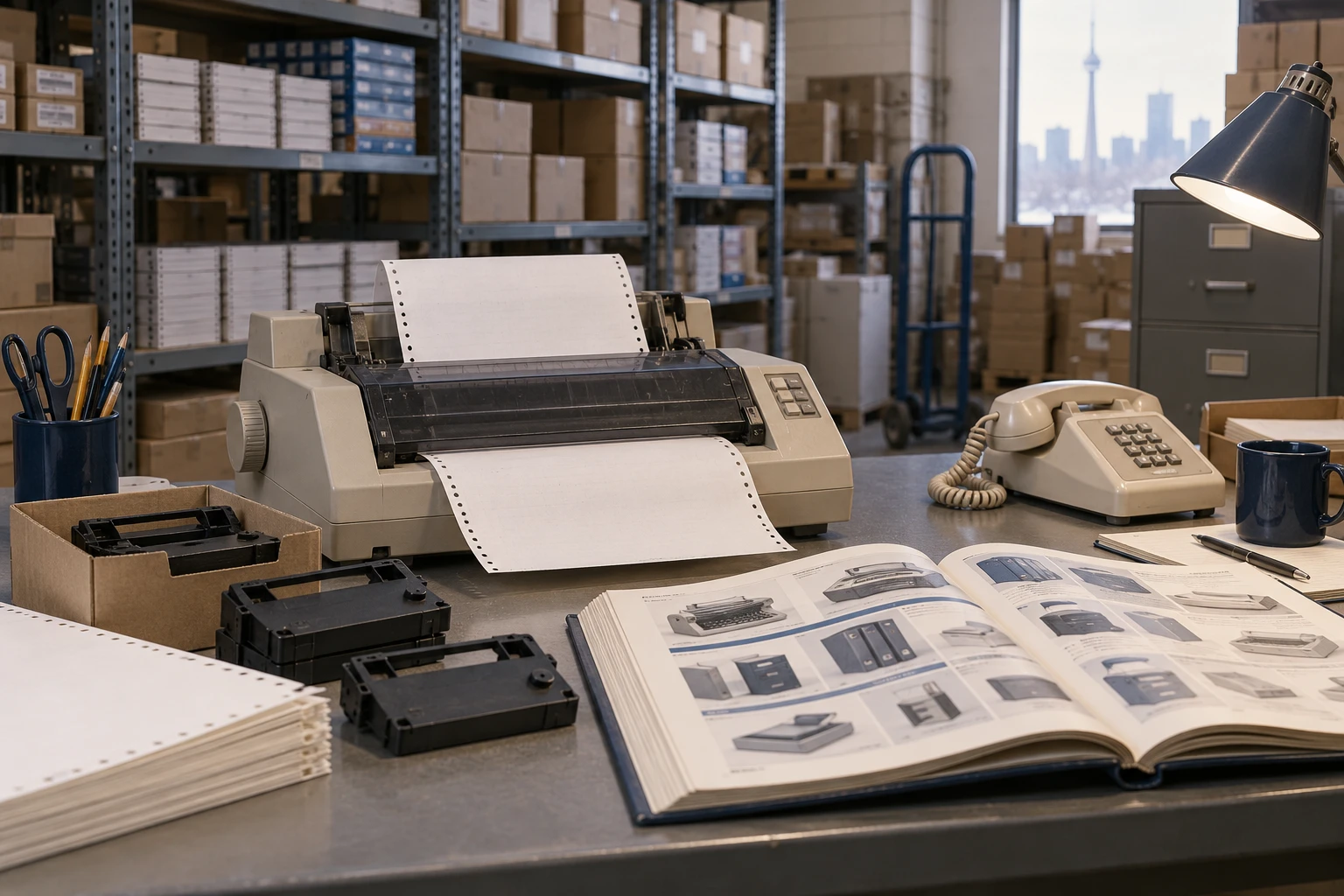 Period-inspired illustration of early 1980s printing equipment and a supply desk