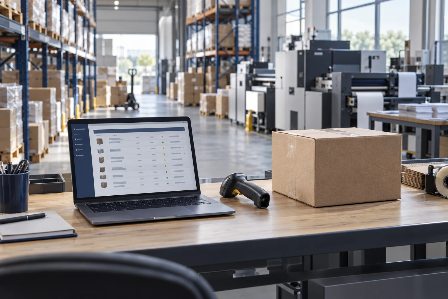 Editorial illustration of modern inventory technology and warehouse operations