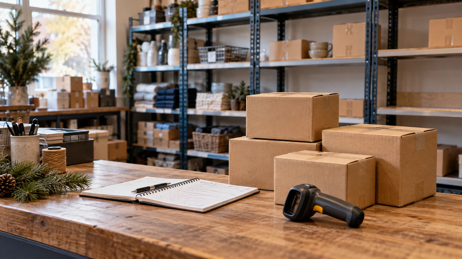 Illustrative editorial photograph of shipping cartons, a barcode scanner and an inventory planning notebook on a retail stockroom counter with a small evergreen sprig