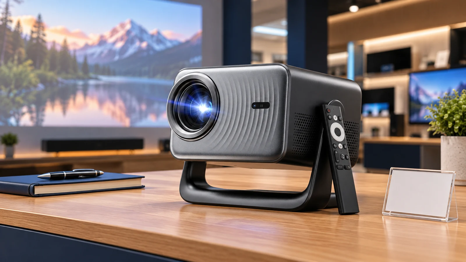 Illustrative editorial photograph of a smart home projector and remote on a showroom demonstration counter beside a notebook and blank shelf label