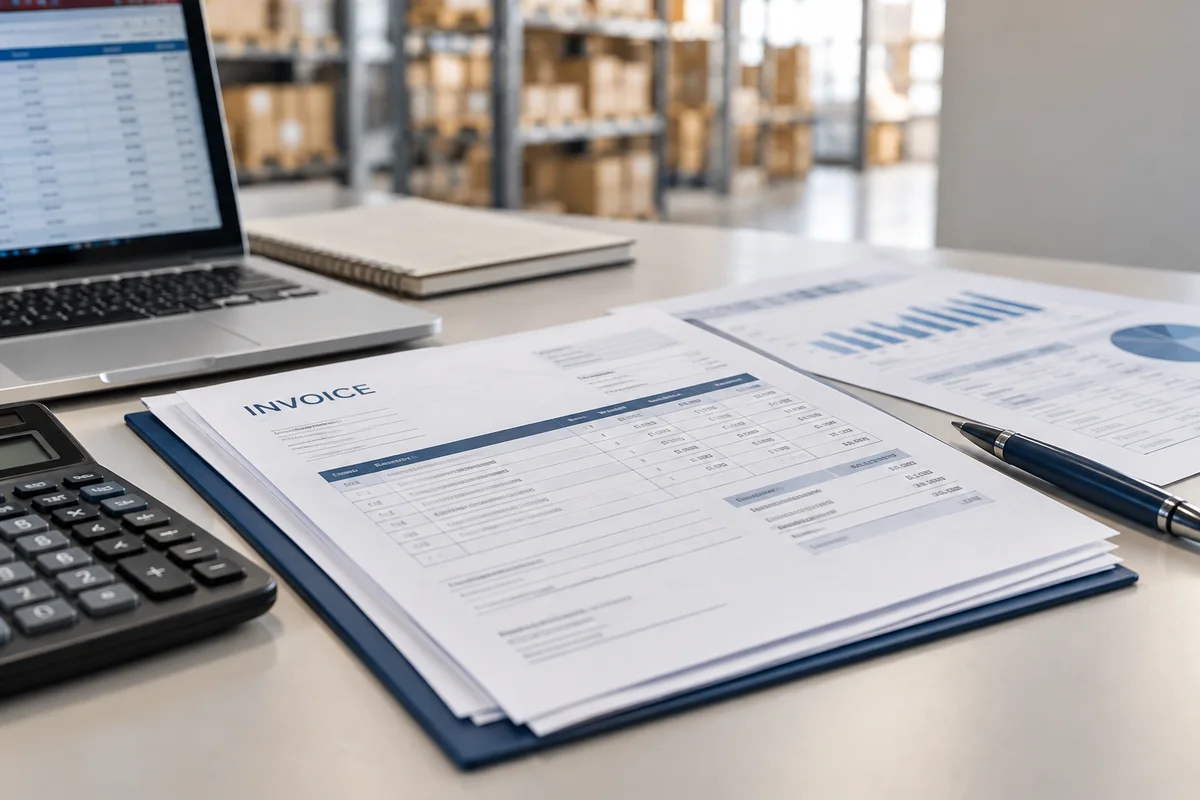 Conceptual editorial photograph of retail invoice reconciliation with financial documents, a calculator and a laptop in a distribution office