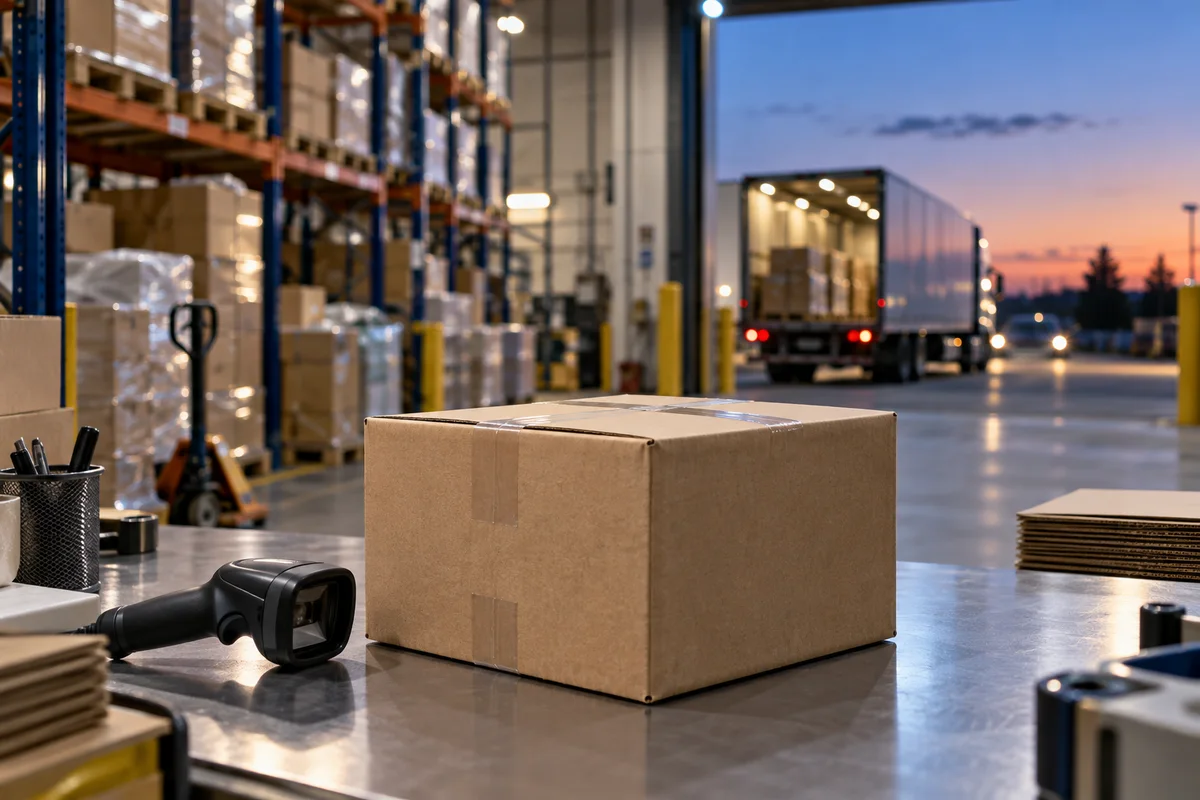 Conceptual editorial photograph of a packed shipping carton and barcode scanner at a Canadian fulfillment workbench
