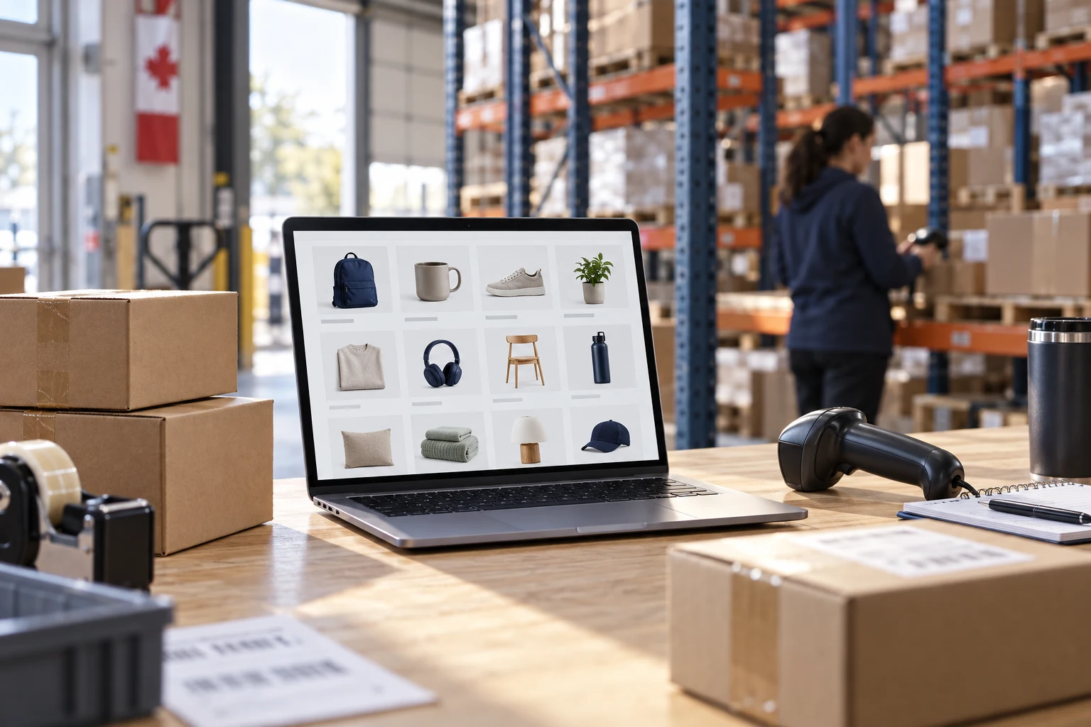Editorial illustration of a retailer’s online assortment on a laptop beside shipping cartons and a barcode scanner in a Canadian distribution warehouse