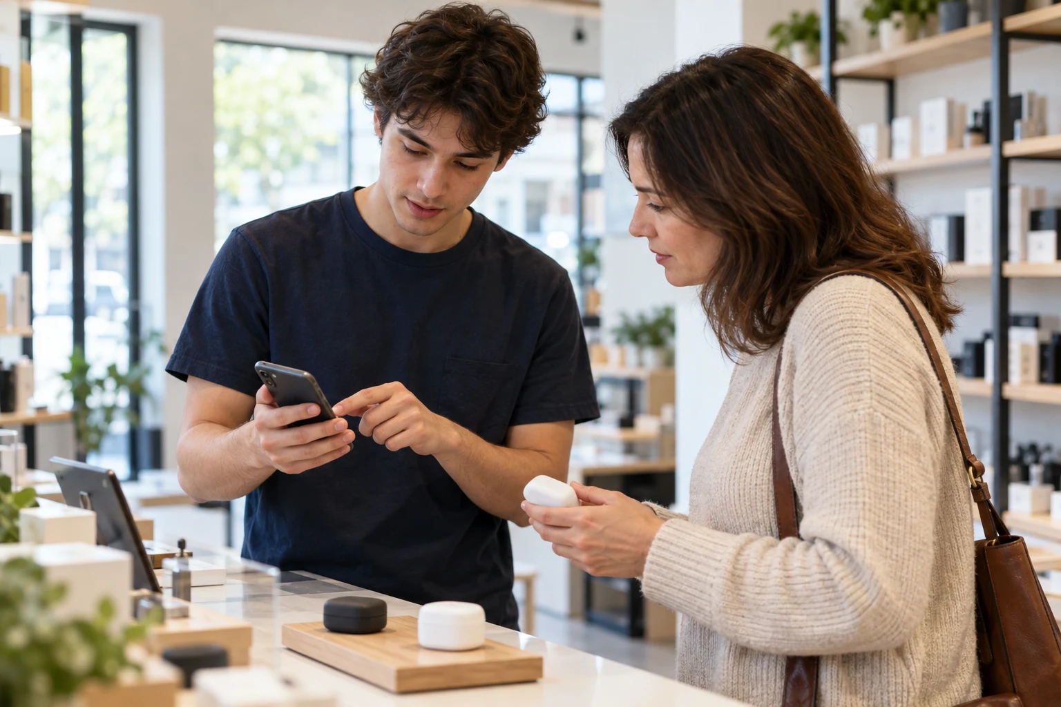 Illustrative editorial photograph of a retail employee checking product specifications on a smartphone while helping a customer compare electronics in a contemporary store