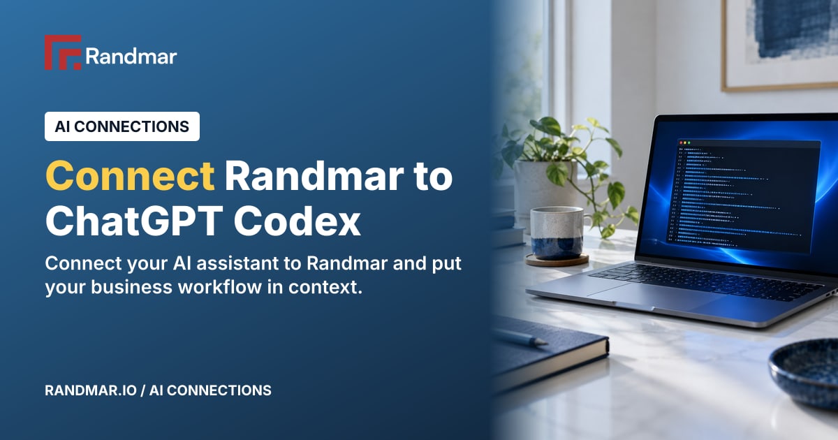 Connect Randmar to ChatGPT Codex; Conceptual illustration: a laptop with a terminal window and a blue glow.