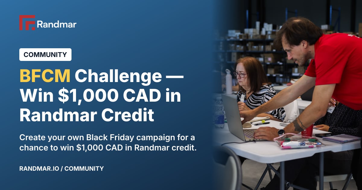 BFCM Challenge — Win $1,000 CAD in Randmar Credit; Randmar Academy members collaborating at a table.