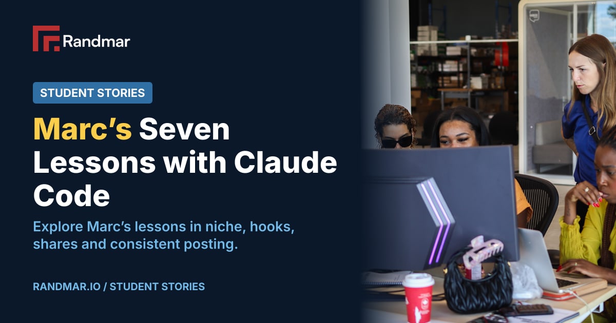 Marc’s Seven Lessons with Claude Code; A Randmar learning session with a presentation screen.
