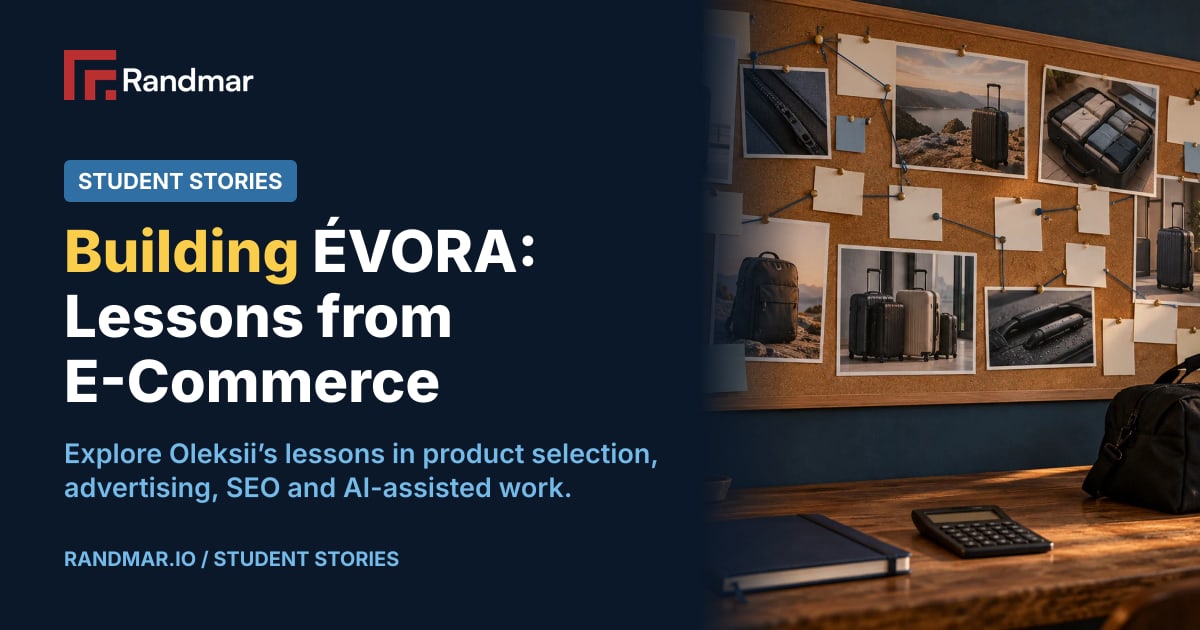 Building ÉVORA: Lessons from E-Commerce; AI-generated editorial scene of luggage photos and planning cards above a workbench with a travel duffel.