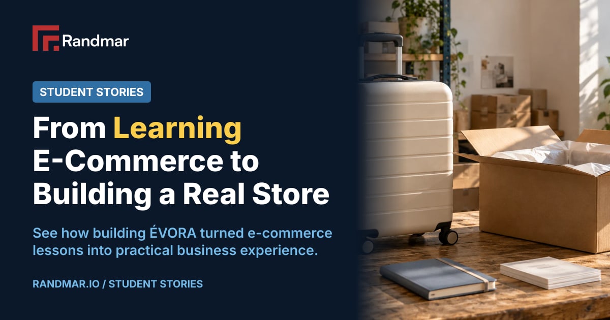 From Learning E-Commerce to Building a Real Store; AI-generated editorial scene of a cream suitcase and open shipping carton in a sunlit workspace.