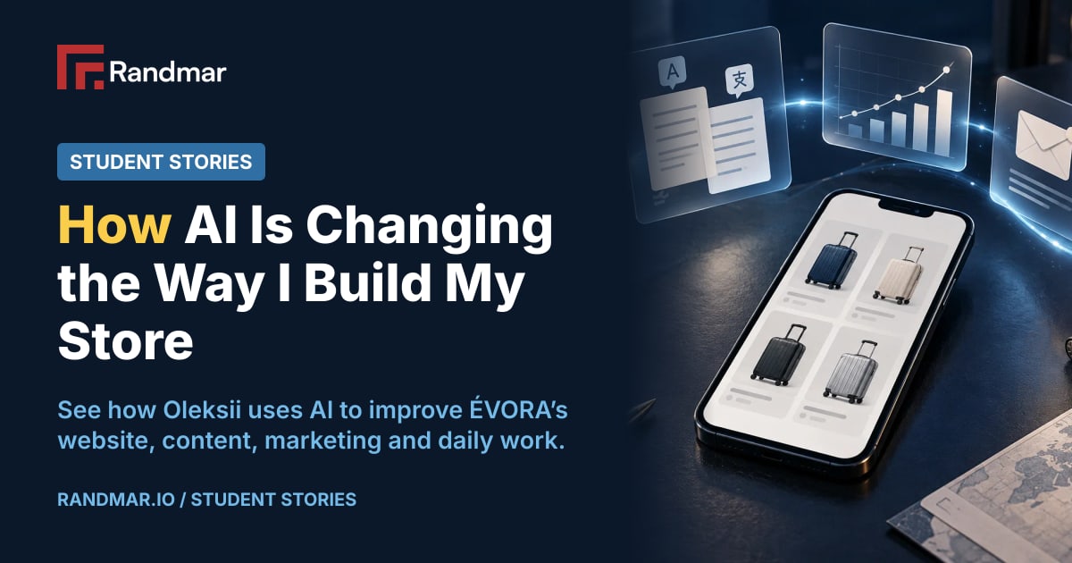 How AI Is Changing the Way I Build My Store; AI-generated conceptual illustration of coding, writing, analytics and email around a luggage storefront on a phone.