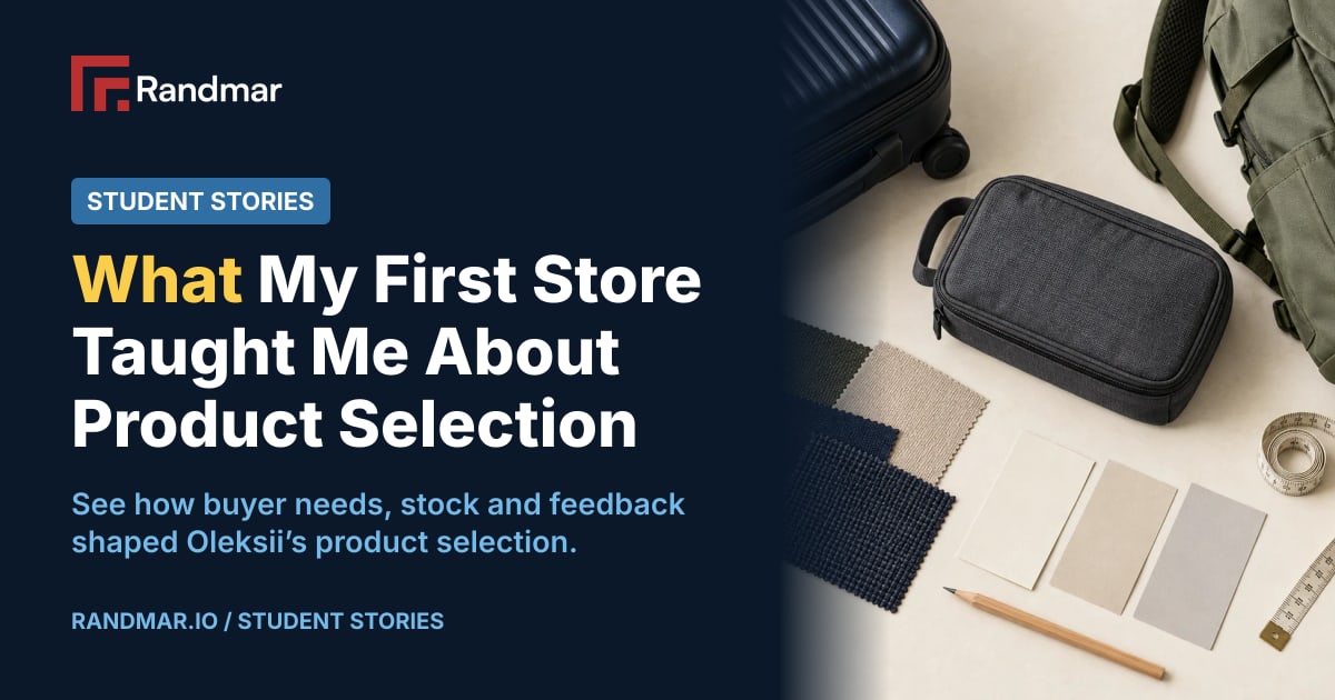 What My First Store Taught Me About Product Selection; AI-generated overhead editorial scene of luggage, a backpack, a travel organizer and fabric swatches.