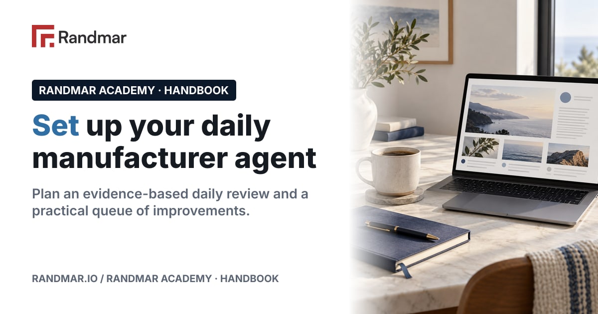 Set up your daily manufacturer agent; Conceptual illustration: a laptop with a morning briefing page and coffee.