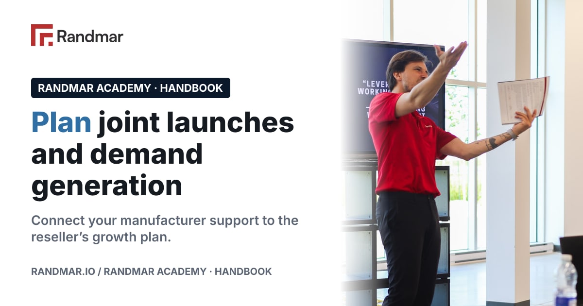 Plan joint launches and demand generation; A presenter leading a Randmar conference session.