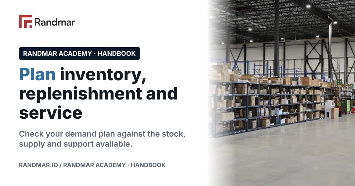 Plan inventory, replenishment and service; Inventory cartons and labelled warehouse shelving.
