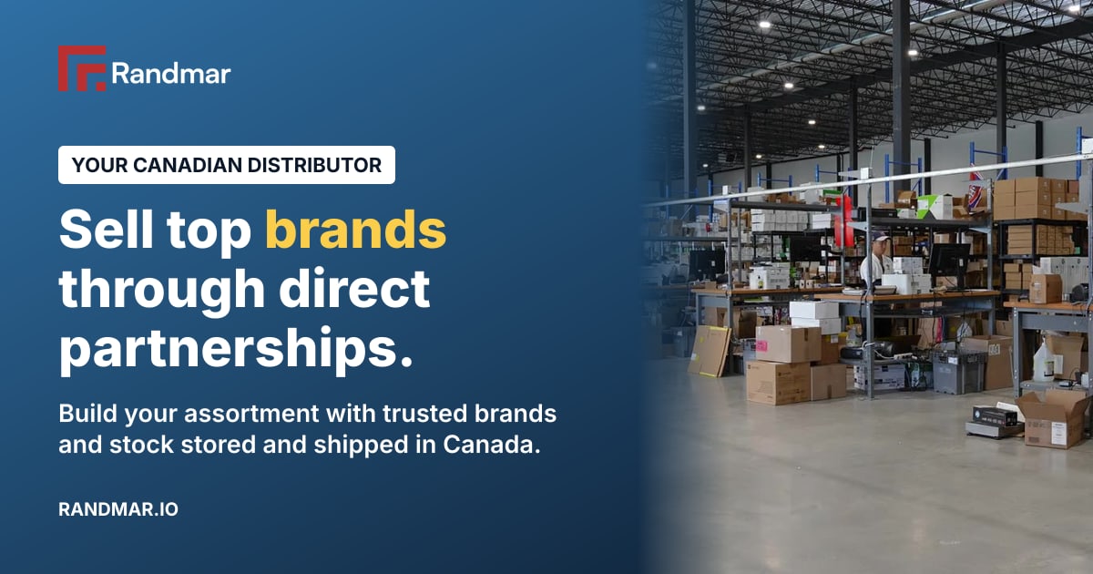 Sell top brands through direct partnerships. Products and shelving inside the Randmar warehouse.
