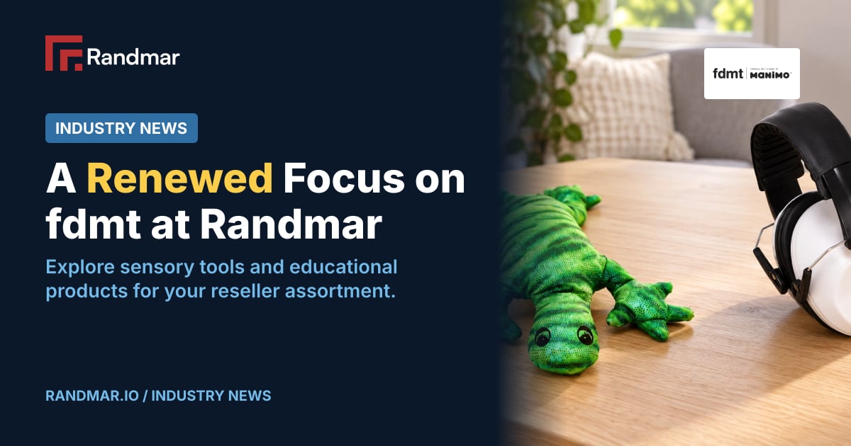 Industry News: A Renewed Focus on fdmt at Randmar; fdmt manimo weighted lizard plush and protective earmuffs in a generated reading-corner setting, based on official product imagery.