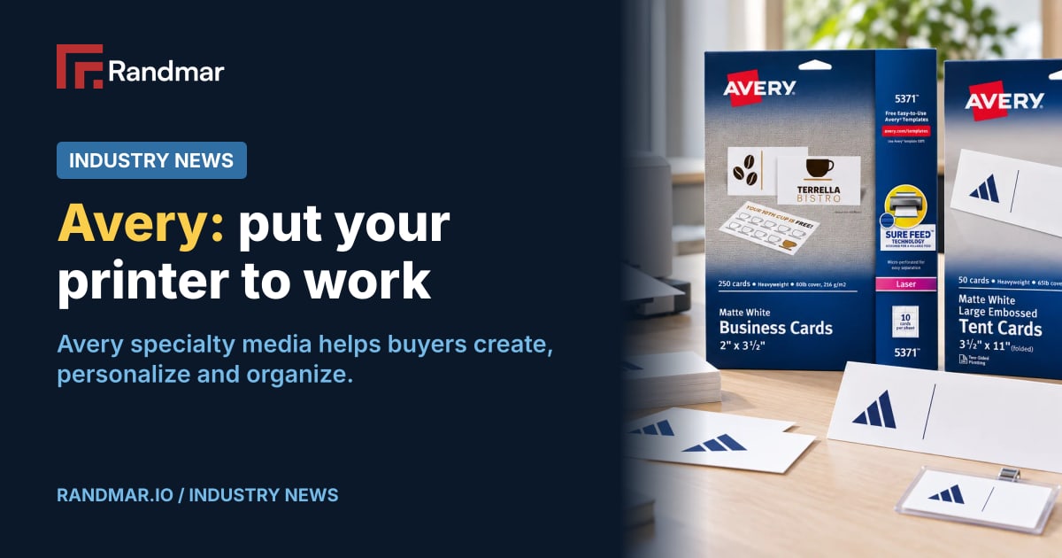 Avery: put your printer to work; Illustrative editorial photograph of Avery 5371 business card and 5309 tent card packs beside printable cards, a name badge and an unbranded office printer on a small-business desk