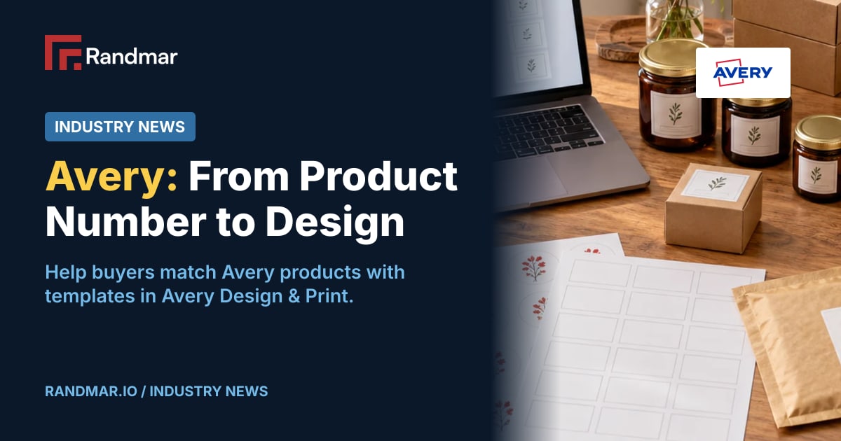 Industry News: Avery: From Product Number to Design; A workspace with printable labels, a laptop, packaging and shipping supplies.