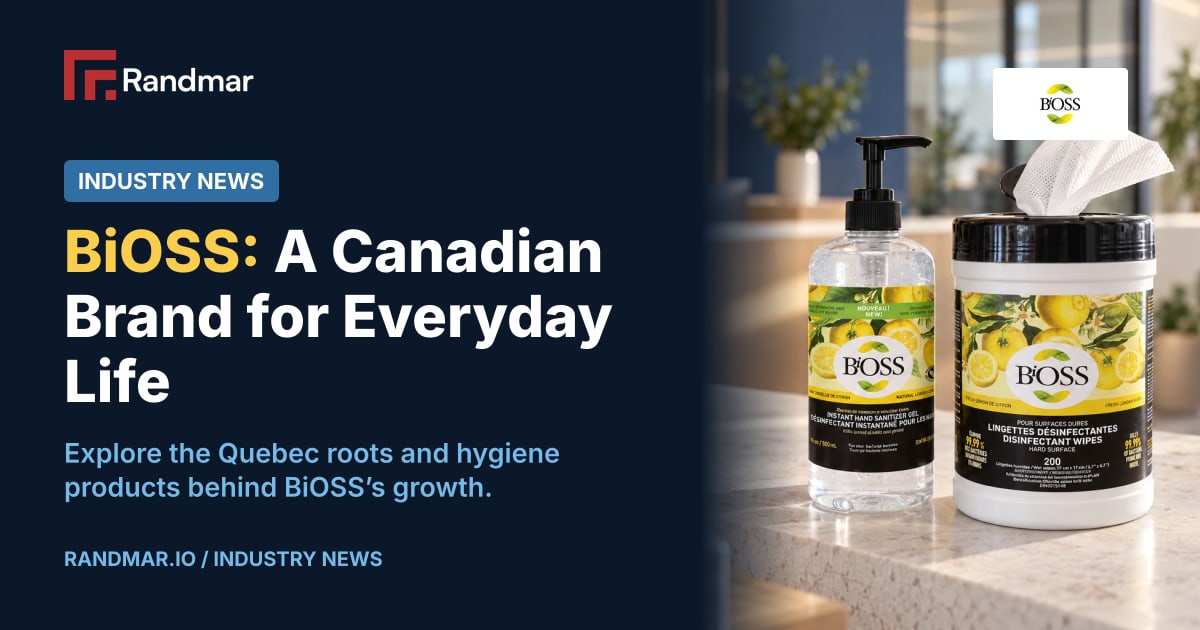 Industry News: BiOSS: A Canadian Brand for Everyday Life; Generated editorial scene based on existing BiOSS sanitizer and surface-wipe packaging in a modern workplace reception.