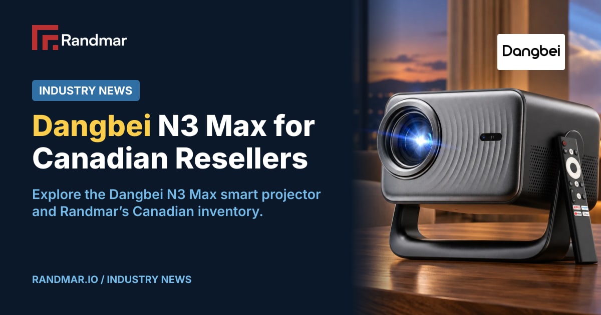 Industry News: Dangbei N3 Max for Canadian Resellers; Dangbei N3 Max projector and remote on a walnut table in a cinematic living room; editorial setting generated from official product photography.