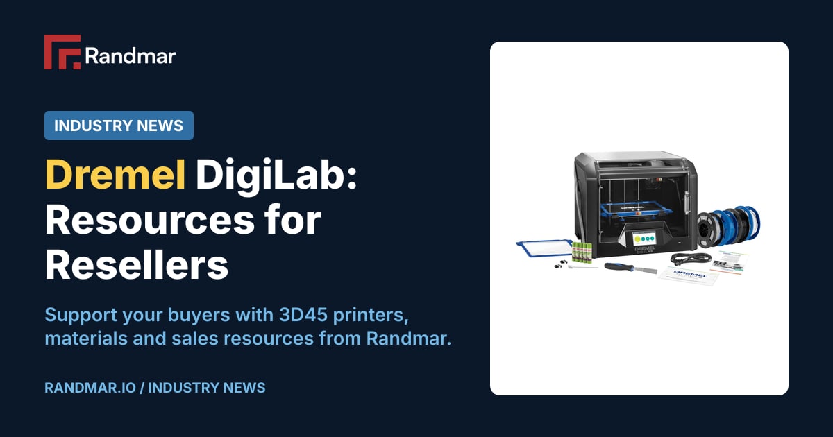 Dremel DigiLab: Resources for Resellers; A Dremel DigiLab printer with filament, tools and printed documentation.
