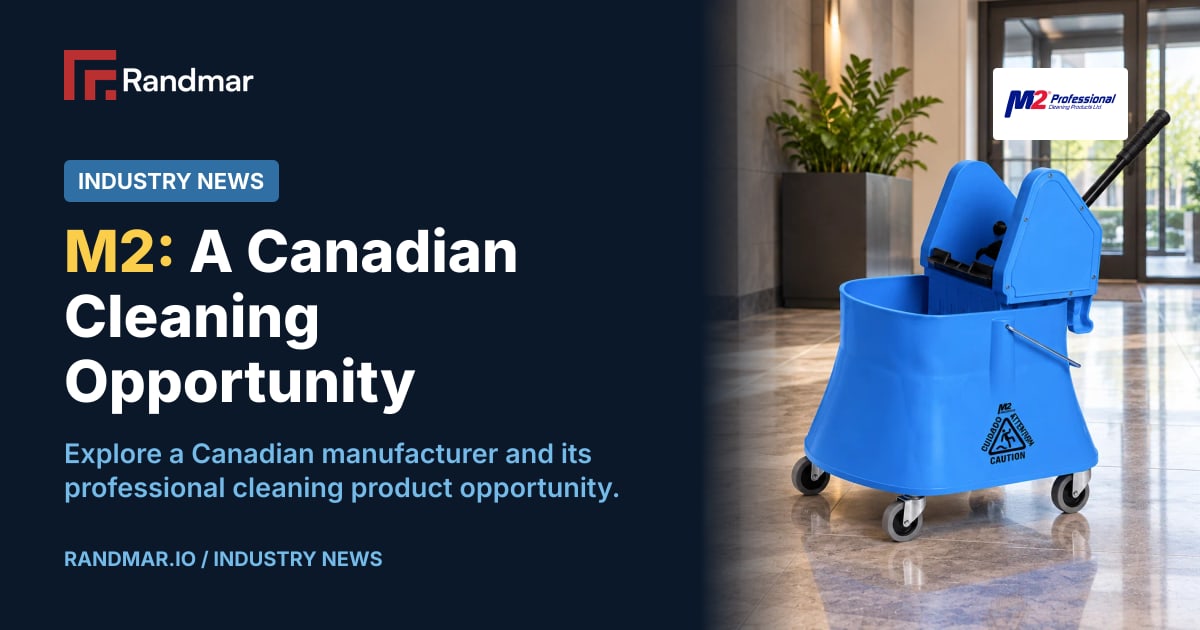 Industry News: M2: A Canadian Cleaning Opportunity; Blue M2 professional bucket and wringer in a modern apartment building lobby.