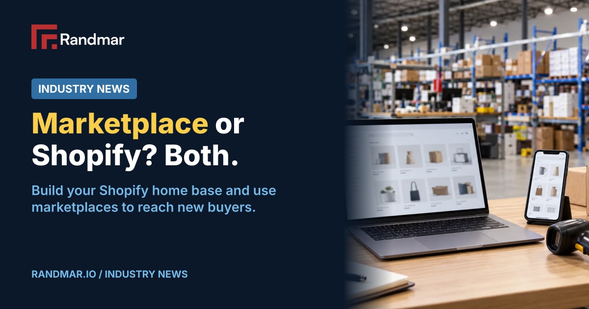 Marketplace or Shopify? Both.; Illustrative editorial photograph of a laptop product catalogue, smartphone, barcode scanner and shipping cartons at a reseller packing desk overlooking a distribution warehouse.