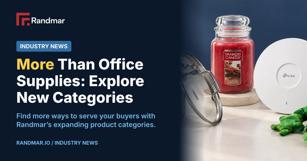 Industry News: More Than Office Supplies: Explore New Categories; Generated studio composition based on existing imagery of Tramontina cookware, a Yankee Candle jar, TP-Link networking equipment and fdmt weighted plush.