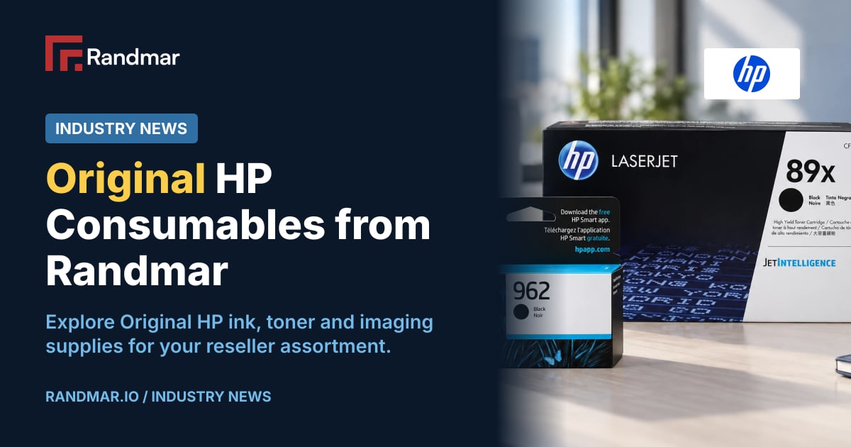 Industry News: Original HP Consumables from Randmar; Original HP 962 Black ink and HP LaserJet 89X toner packaging in an illustrative professional office scene generated from existing product photography.