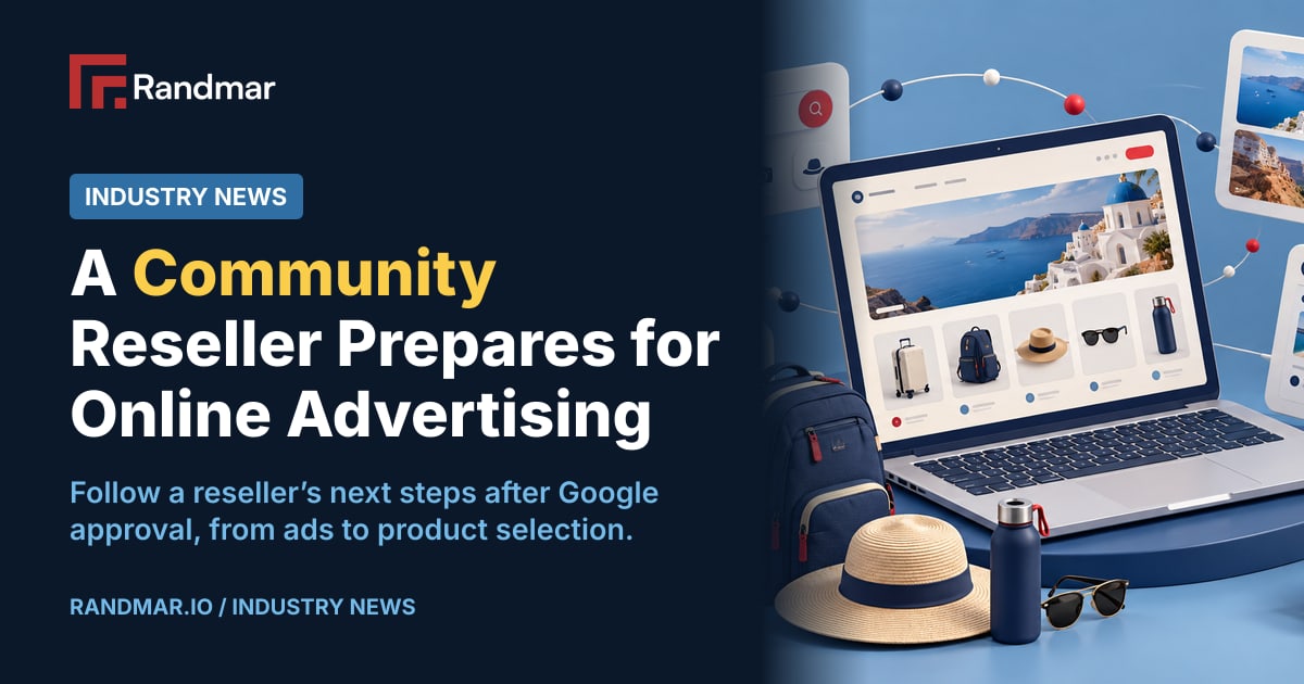 Industry News: A Community Reseller Prepares for Online Advertising; Illustration of an online travel store with luggage, a backpack, content and advertising concepts.