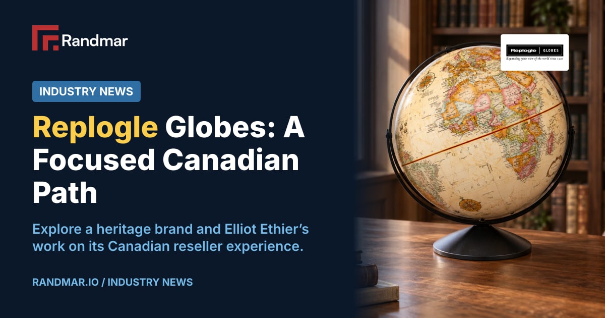 Industry News: Replogle Globes: A Focused Canadian Path; Replogle Eureka antique-ocean globe on a walnut desk in a library setting; editorial image generated from the official product reference.
