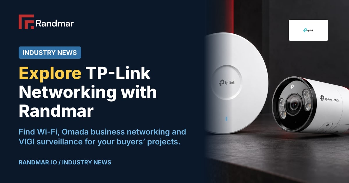 Industry News: Explore TP-Link Networking with Randmar; Generated editorial illustration of a TP-Link Omada access point and VIGI surveillance camera on a charcoal surface with subtle red lighting.