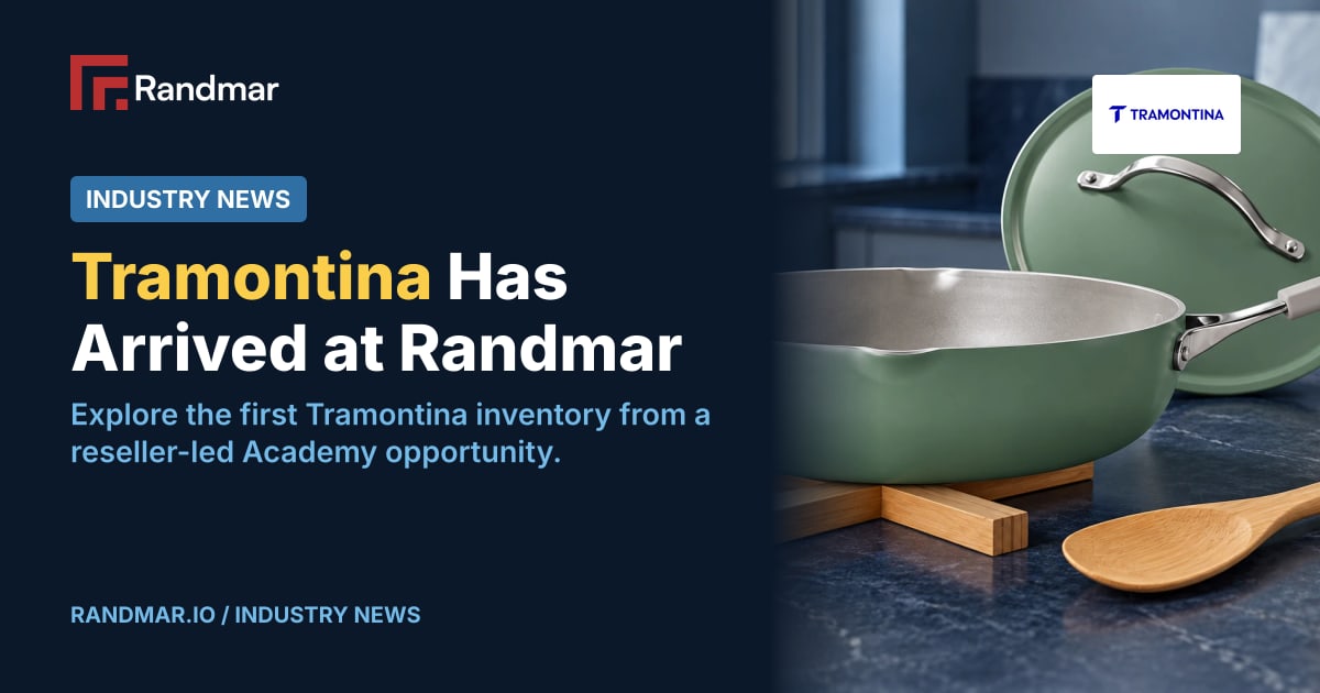 Industry News: Tramontina Has Arrived at Randmar; Generated editorial illustration of sage-green Tramontina cookware on a navy kitchen counter with its lid, bamboo utensil and trivet.