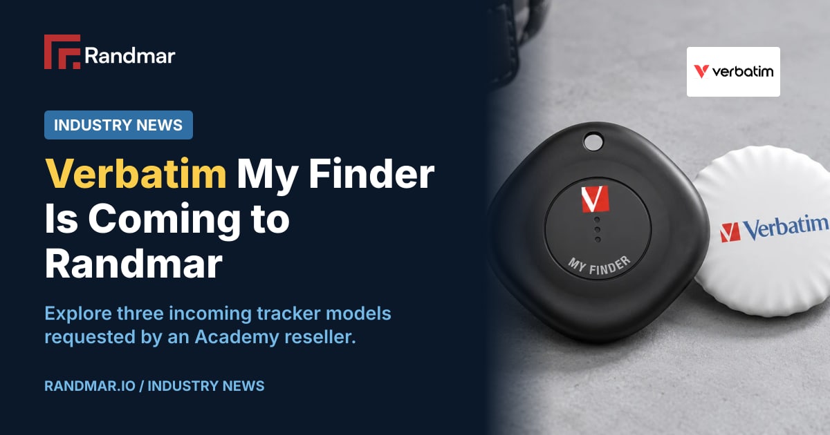 Industry News: Verbatim My Finder Is Coming to Randmar; Editorial product photograph of a black Verbatim My Finder tracker and white compact coin, generated from manufacturer-supplied product references.