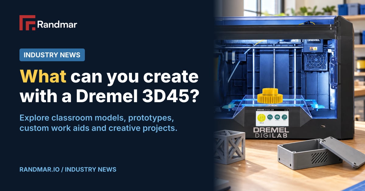 What can you create with a Dremel 3D45?; Illustrative editorial photograph of a Dremel DigiLab 3D45 with geometric teaching models, a prototype enclosure and a desk organizer on a makerspace workbench