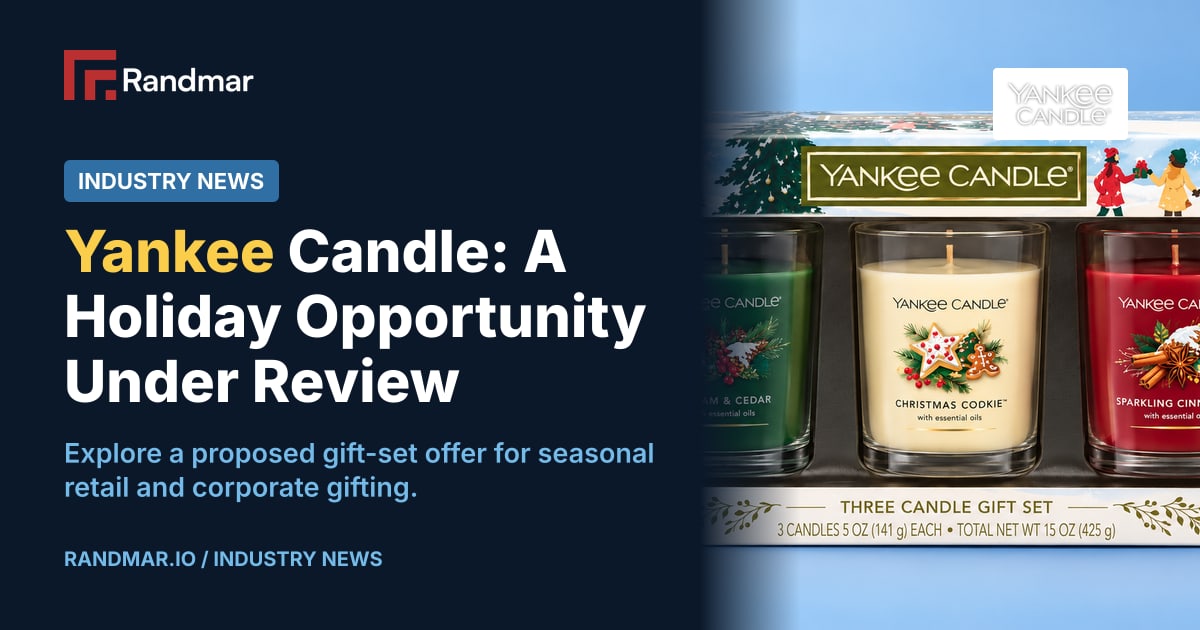 Industry News: Yankee Candle: A Holiday Opportunity Under Review; Illustration of a Yankee Candle three-candle holiday gift set against a blue background.