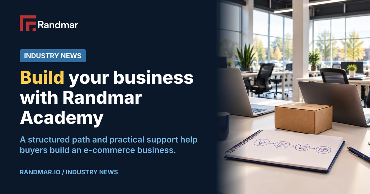 Build your business with Randmar Academy; Illustrative editorial photograph of laptops, a four-step planning notebook and a plain shipping carton at a bright shared workspace inspired by Randmar coworking photography